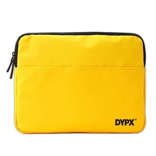 yellow, laptop, sleeve, black, trim, zipper, closure, displayed transparent PNG cut-out