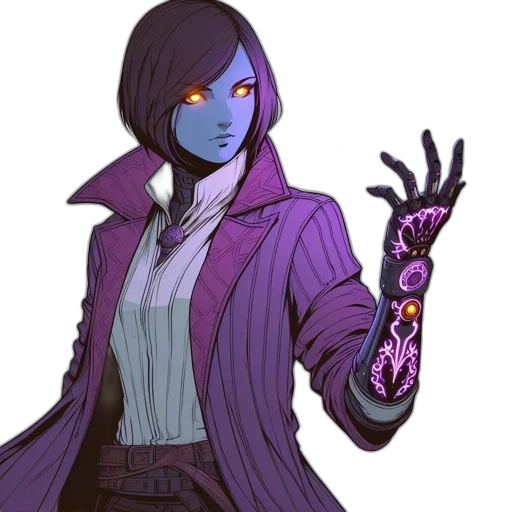 staff, jacket, concept art, fantasy art, cyberpunk, pixel art, dark, blue transparent PNG cut-out