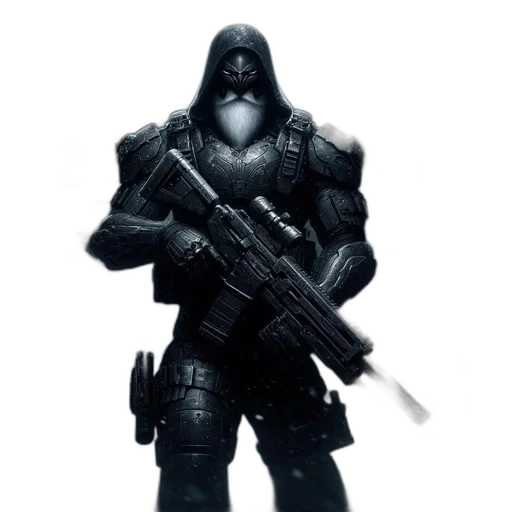 weapon, robot, mask, concept art, 3d render, fantasy art, comic book art, monochrome transparent PNG cut-out