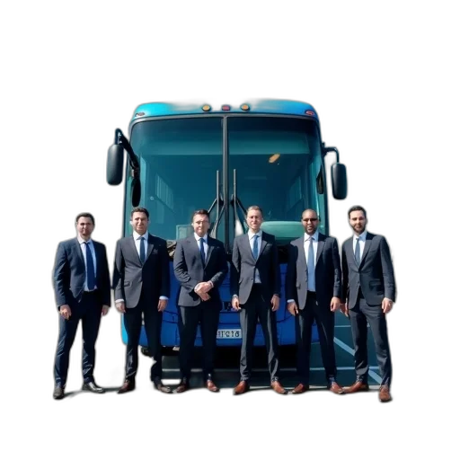 staff, group, six, men, standing, front, blue, bus transparent PNG cut-out