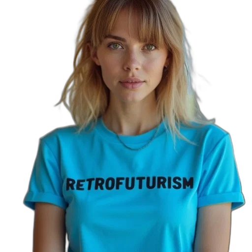cyberpunk, vaporwave, woman, wearing, blue, t-shirt, word, retrofuturism transparent PNG cut-out