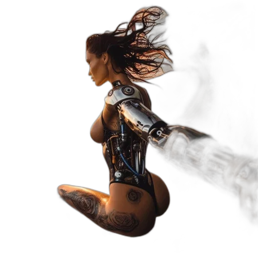 robot, hair, weapon, concept art, cyberpunk, 3d render, photorealistic, woman transparent PNG cut-out