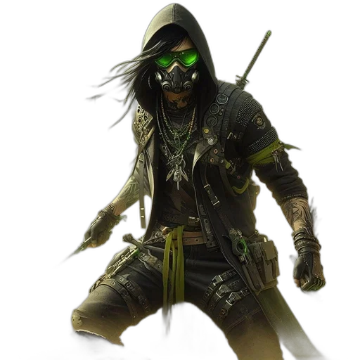 mask, weapon, staff, concept art, fantasy art, cyberpunk, 3d render, green transparent PNG cut-out