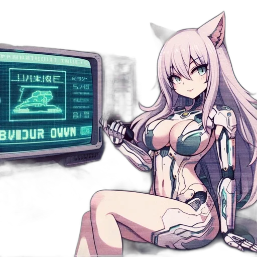 robot, weapon, cyberpunk, vaporwave, anime, pixel art, neon lights, outer space transparent PNG cut-out