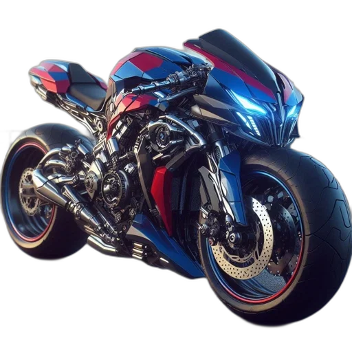 3d render, photorealistic, concept art, comic book art, futuristic, blue, red, motorcycle transparent PNG cut-out