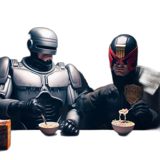 food, robot, concept art, comic book art, 3d render, pixel art, dark, two transparent PNG cut-out