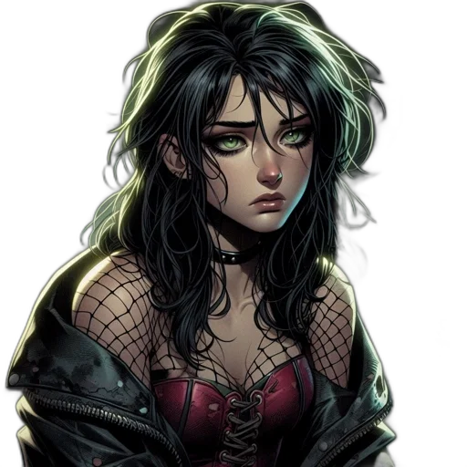 face, comic book art, concept art, fantasy art, cyberpunk, dark, green, woman transparent PNG cut-out