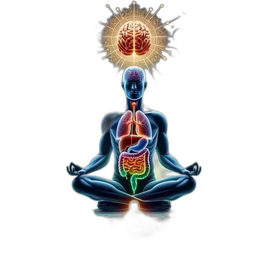 human, figure, meditates, surrounded, microbes, brain, emitting, light transparent PNG cut-out