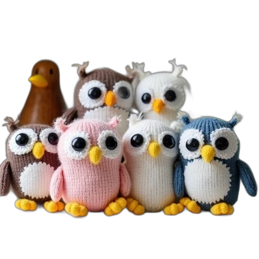 collection, knitted, owl, penguin, plush, toys, displayed, kitchen transparent PNG cut-out