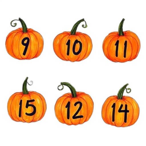 hand-drawn, image, six, pumpkins, numbers, them, different, order transparent PNG cut-out