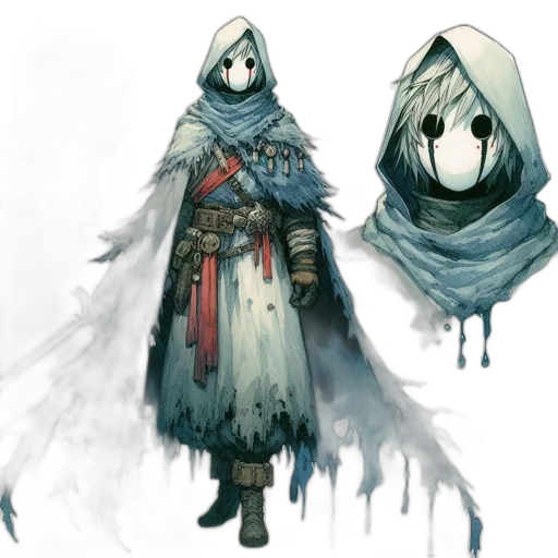 mask, concept art, fantasy art, comic book art, watercolor, fog, snow, monochrome transparent PNG cut-out