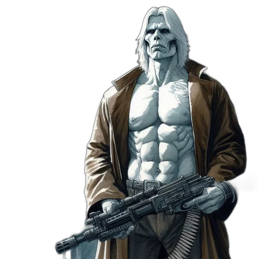 jacket, weapon, comic book art, concept art, fantasy art, cyberpunk, shirtless, male transparent PNG cut-out
