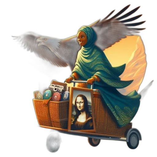 concept art, fantasy art, photorealistic, comic book art, woman, cart, rides, through transparent PNG cut-out