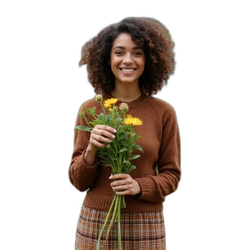 flower, jacket, dress, staff, photorealistic, earth tones, golden, green transparent PNG cut-out