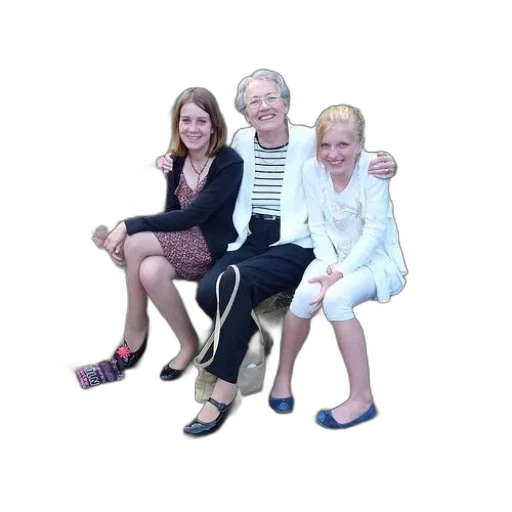 staff, shoes, three, women, sit, bench, front, building transparent PNG cut-out