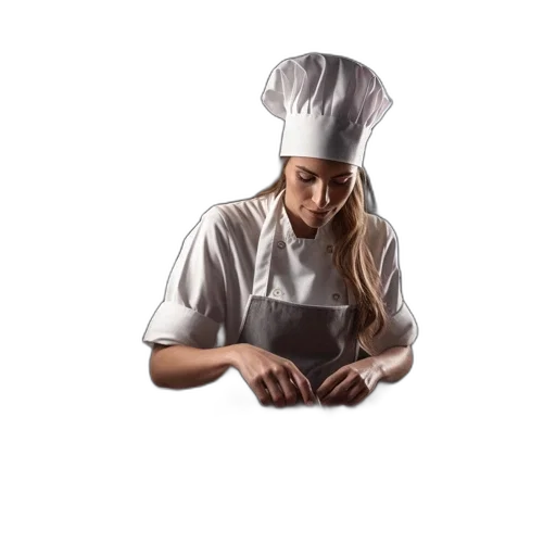 staff, food, hat, face, photorealistic, woman, chef, uniform transparent PNG cut-out