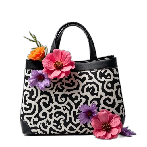 photorealistic, monochrome, image, flowery, bag, black, white, pink transparent PNG cut-out