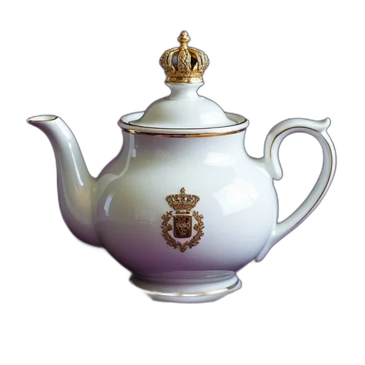 crown, photorealistic, 3d render, white, porcelain, teapot, gold, emblem transparent PNG cut-out