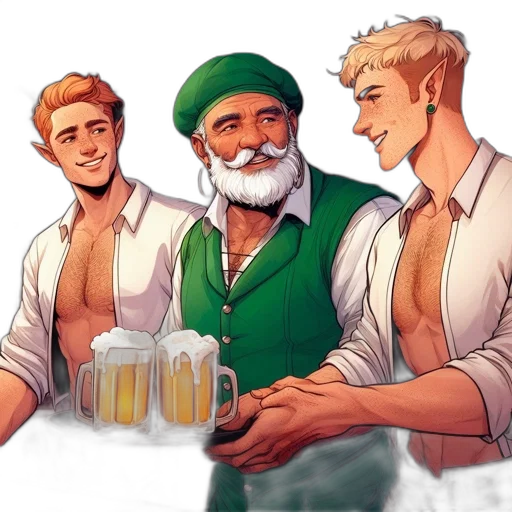 fantasy art, concept art, watercolor, comic book art, green, three, men, interact transparent PNG cut-out