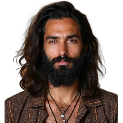 jacket, hair, face, staff, photorealistic, portrait, man, long transparent PNG cut-out