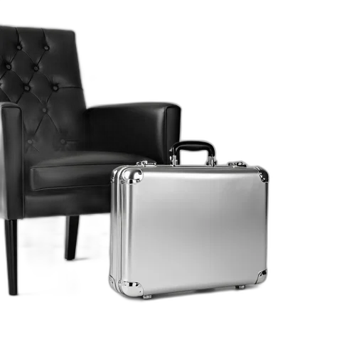 furniture, 3d render, silver, briefcase, shiny, surface, black, handle transparent PNG cut-out