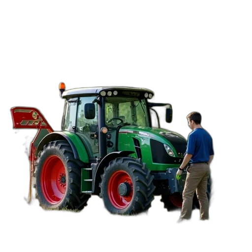 weapon, photorealistic, person, standing, next, green, tractor, red transparent PNG cut-out