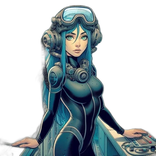 robot, dress, fantasy art, concept art, comic book art, cyberpunk, blue, green transparent PNG cut-out