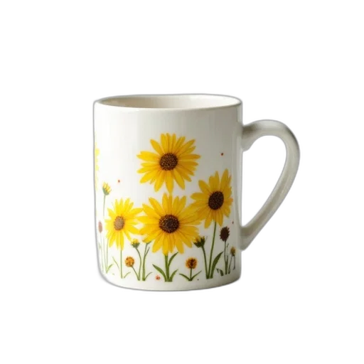 flower, photorealistic, 3d render, ceramic, mug, colorful, image, yellow transparent PNG cut-out