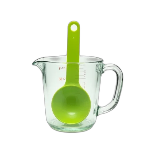 clear, plastic, measuring, cup, green, handle, spoon, inside transparent PNG cut-out