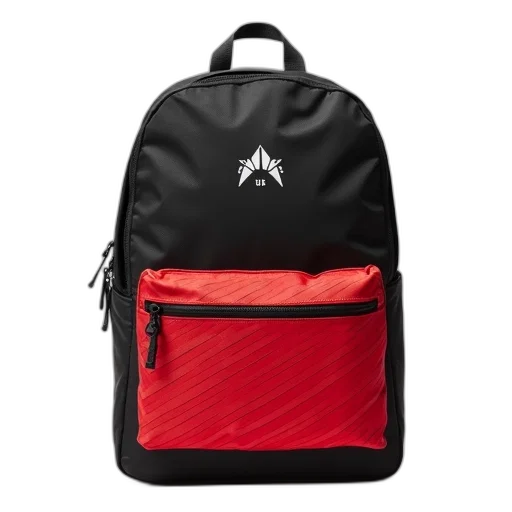 jacket, black, red, backpack, white, logo, front, displayed transparent PNG cut-out