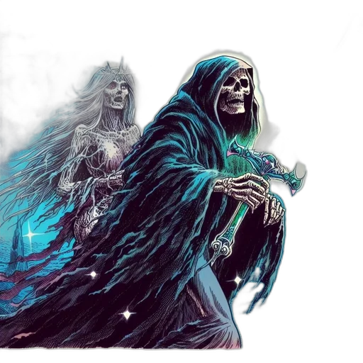concept art, fantasy art, comic book art, watercolor, fog, two, skeletal, figures transparent PNG cut-out