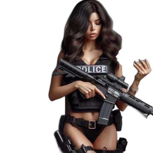weapon, concept art, comic book art, fantasy art, photorealistic, policewoman, long, brown transparent PNG cut-out