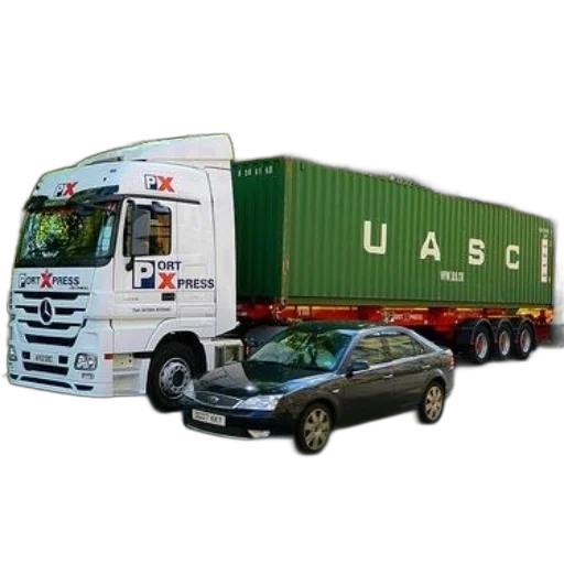 car, photorealistic, portxpress, truck, green, uasc, container, driving transparent PNG cut-out
