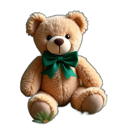 3d render, photorealistic, plush, teddy, bear, green, bow, tie transparent PNG cut-out
