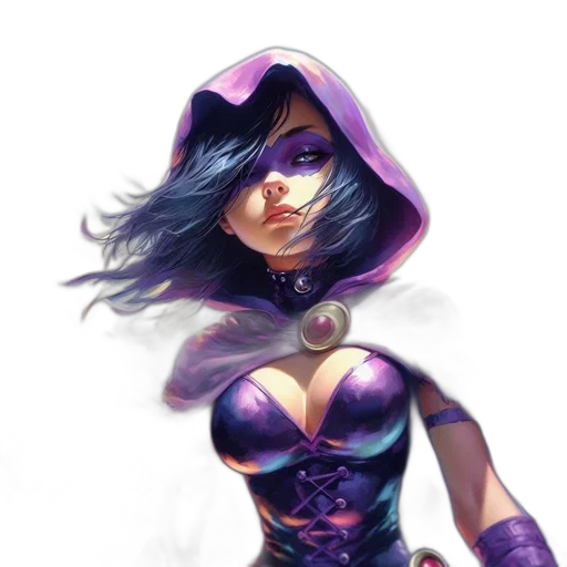 dress, comic book art, fantasy art, concept art, cyberpunk, dark, colorful, purple-clad transparent PNG cut-out