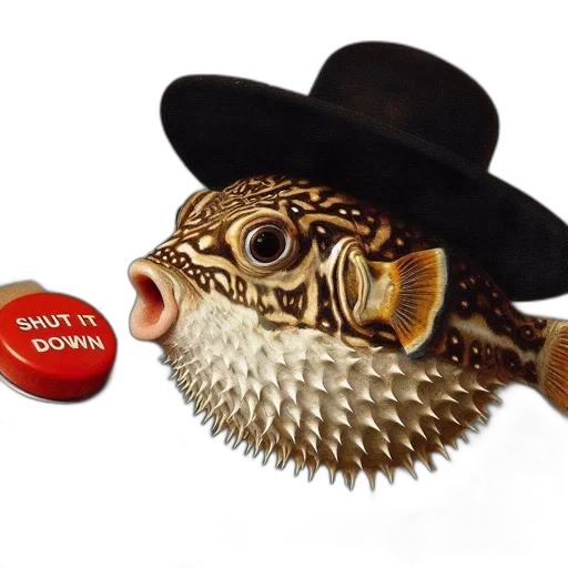 hat, crown, staff, jewelry, anthropomorphized, pufferfish, wears, while transparent PNG cut-out