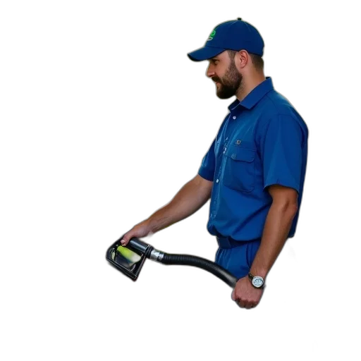 staff, weapon, man, blue, uniform, pumping, gas, into transparent PNG cut-out