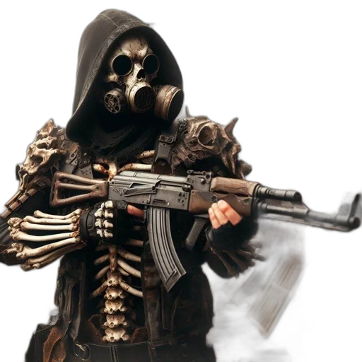 mask, weapon, jacket, concept art, 3d render, photorealistic, desolate, smoky transparent PNG cut-out