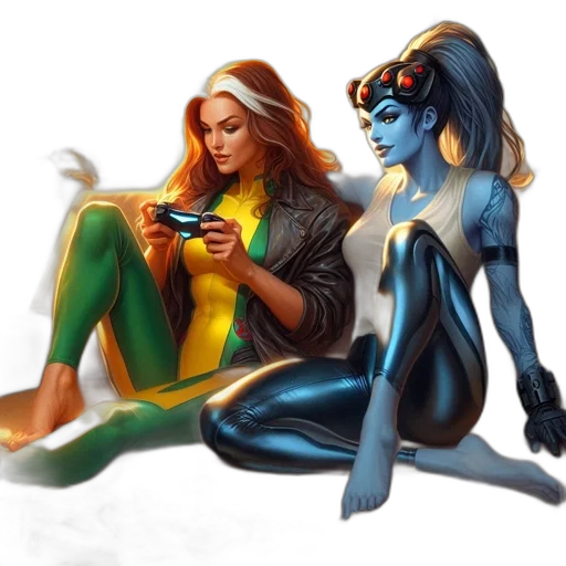 comic book art, concept art, fantasy art, cartoon, fire, blue, two, women transparent PNG cut-out