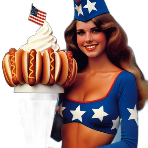 food, photorealistic, woman, blue, star-adorned, outfit, serves, hotdogs transparent PNG cut-out