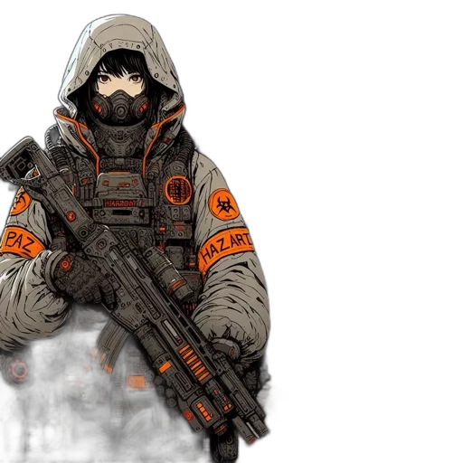 jacket, weapon, concept art, pixel art, fantasy art, comic book art, two, figures transparent PNG cut-out