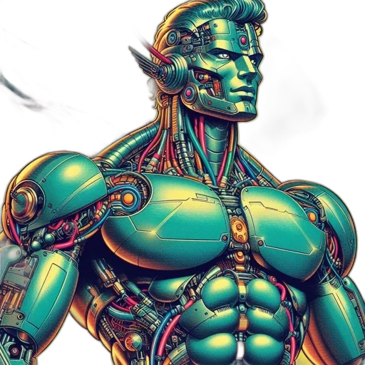 robot, cyberpunk, concept art, comic book art, fantasy art, blue, green, humanoid transparent PNG cut-out