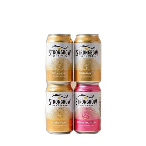golden, pack, strongbow, cider, cans, displayed, two, foreground transparent PNG cut-out