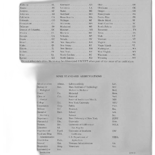 staff, page, book, document, list, abbreviations, states, institutions transparent PNG cut-out