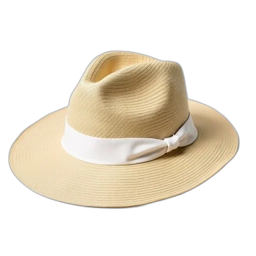 hat, beige, straw, white, ribbon, band, displayed, against transparent PNG cut-out