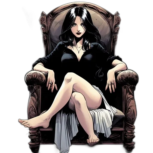 comic book art, concept art, fantasy art, cartoon, woman, dark, hair, sits transparent PNG cut-out
