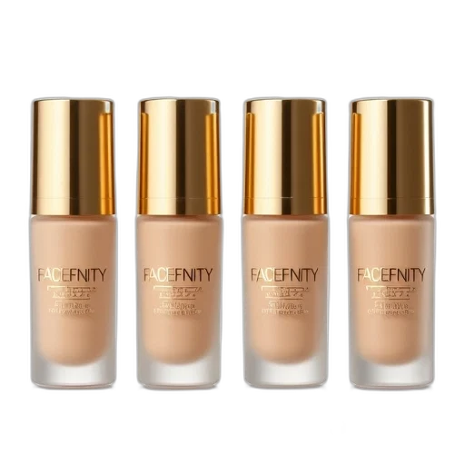 golden, set, four, identical, bottles, foundation, displayed, each transparent PNG cut-out