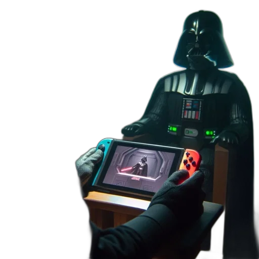 concept art, figure, holds, nintendo, switch, displaying, darth, vader transparent PNG cut-out