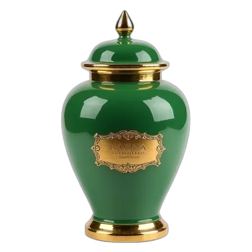 bottle, 3d render, photorealistic, fire, green, ceramic, urn, gold transparent PNG cut-out