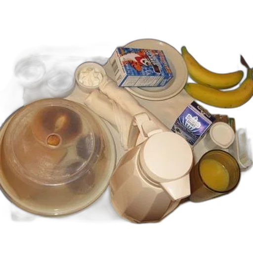 food, bottle, photorealistic, concept art, breakfast, tray, bananas, orange transparent PNG cut-out